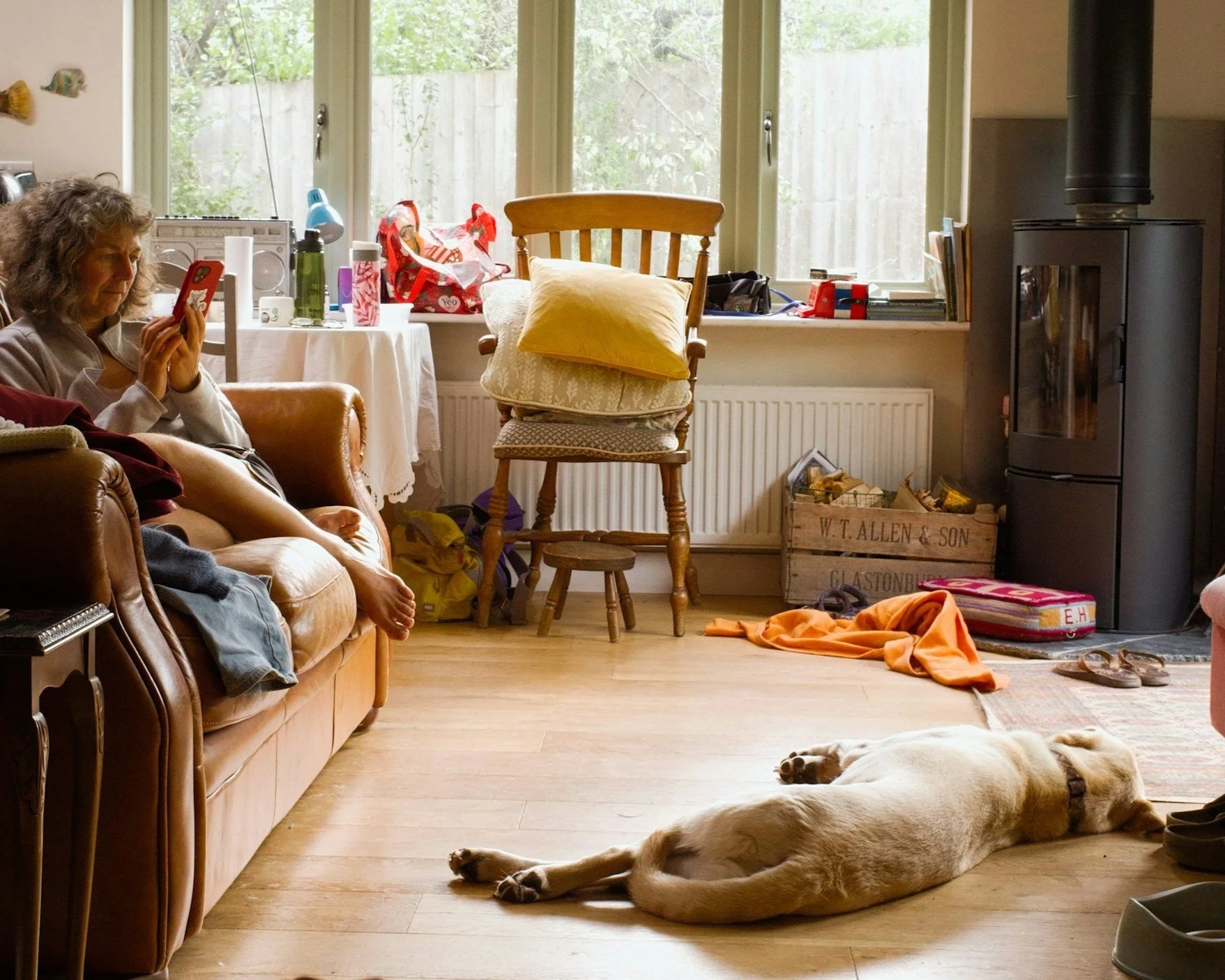 Living room with a woman sitting on a leather sofa, using her phone, a large yellow dog lying on the wooden floor, and various household items scattered around, including a wood-burning stove, a window with a view of greenery outside, and a table with personal items.