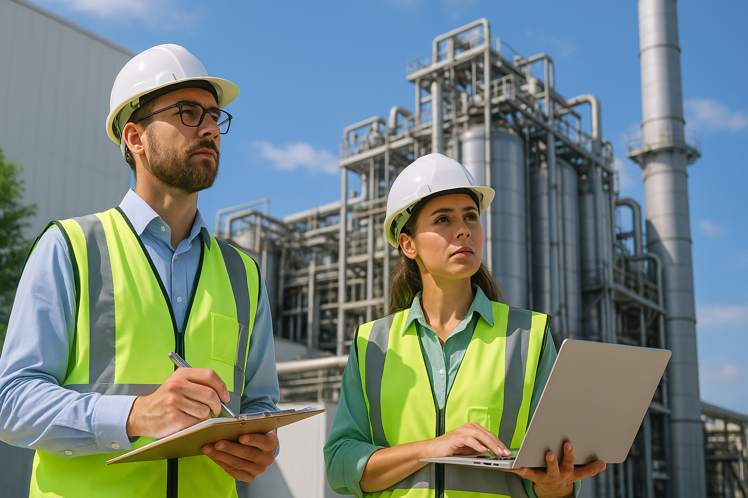 Dos ingenieros con casco y chaleco reflectante inspeccionan una planta industrial con tuberías y estructura metálica.