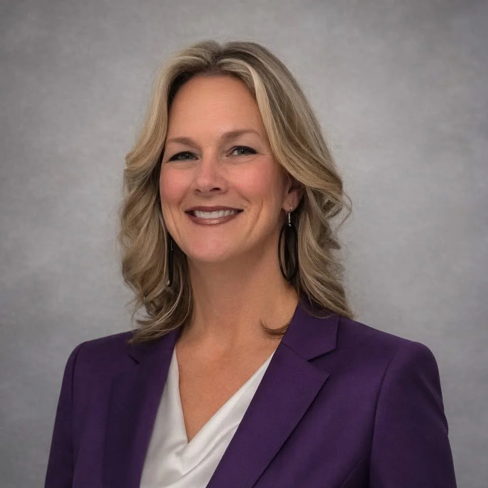 A woman with blonde wavy hair smiling in a purple blazer and earrings against a plain gray background.
