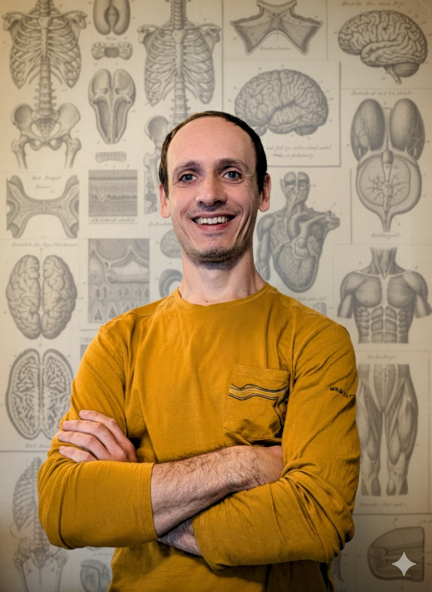 Ein Mann mit braunem Haar, trägt ein gelbes Langarmshirt und steht vor einer Wand mit anatomischen Zeichnungen des menschlichen Gehirns, Herzens und Skeletts.
