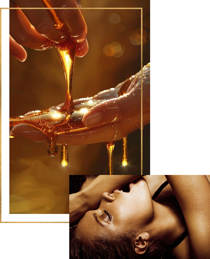 Close-up of a woman’s hands covered in golden honey, slowly dripping between her fingers