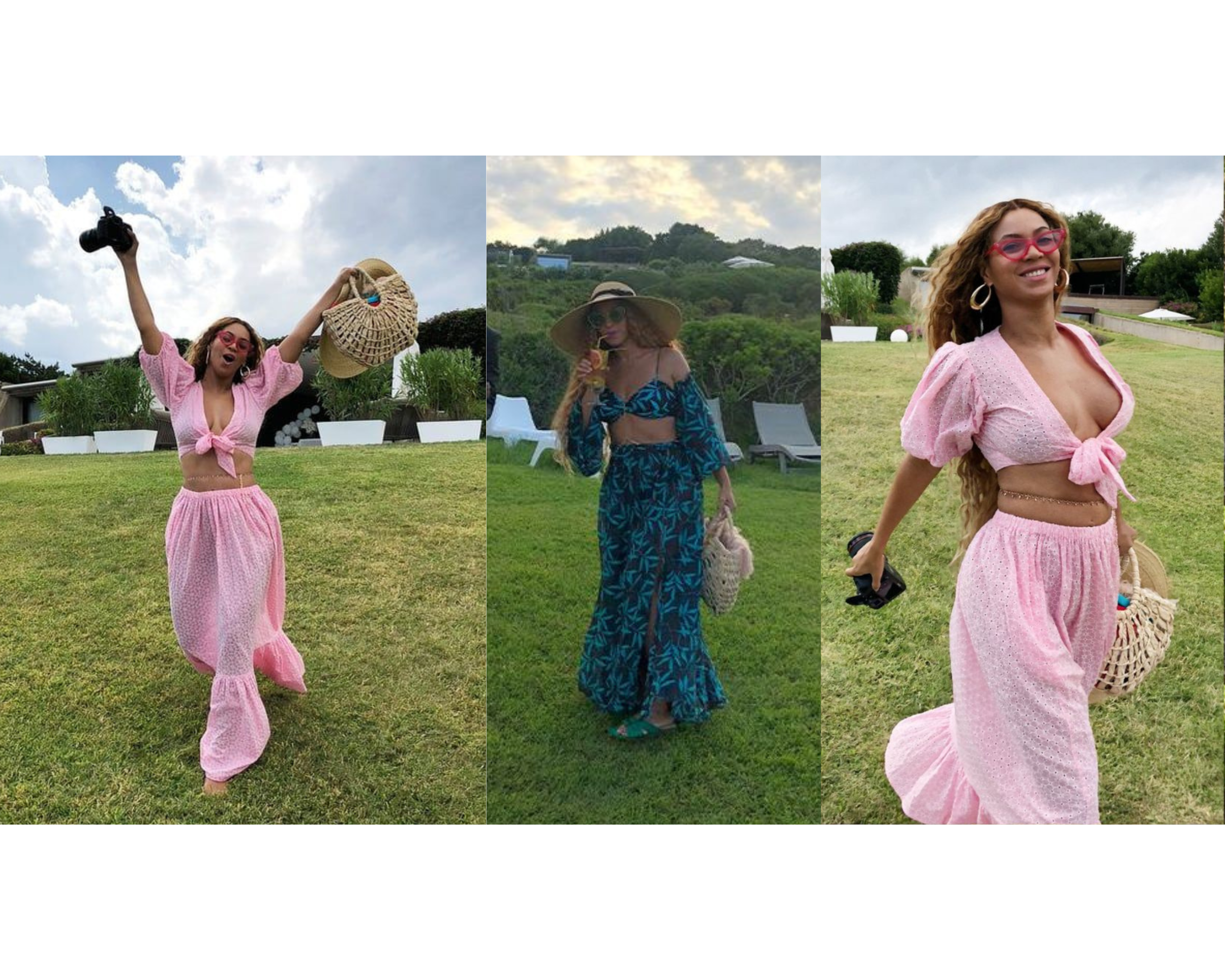 Beyonce wearing a Nannacay basket bag in a garden setting