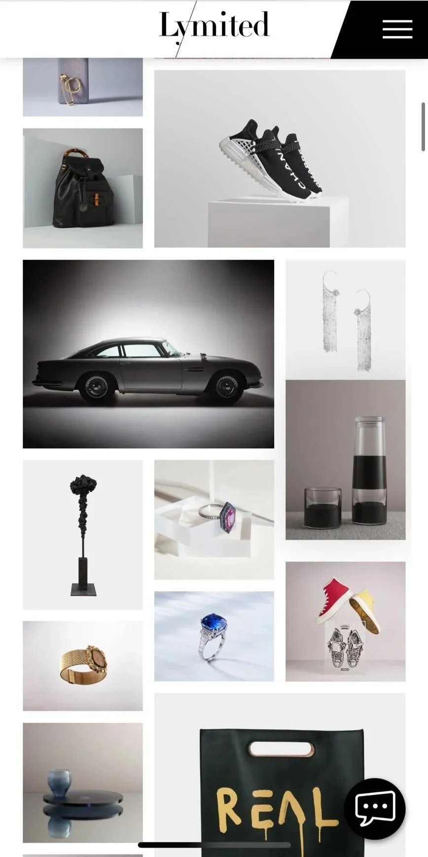 a mobile screen with the Lymited website open showing luxury cars, sneakers, art