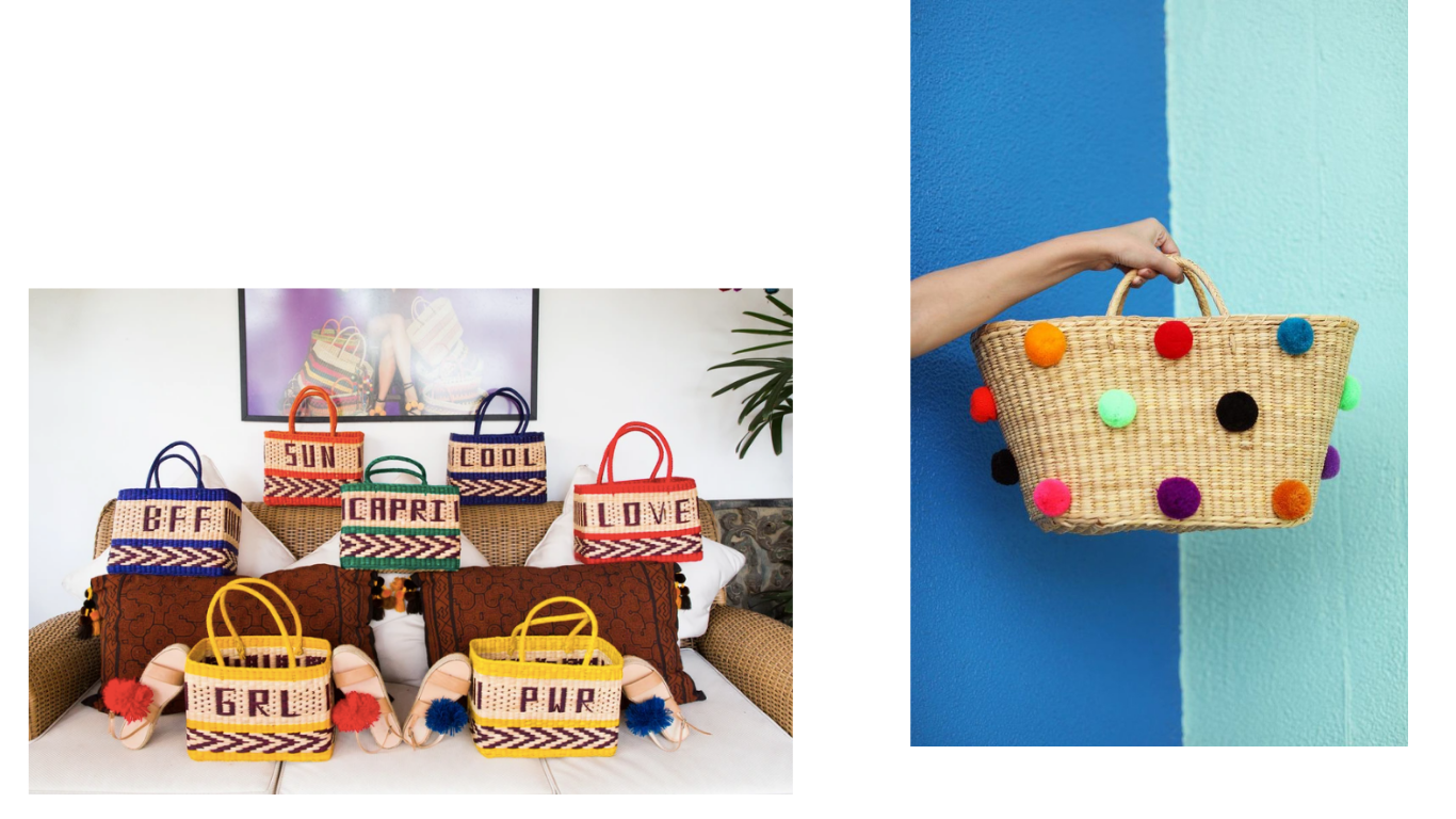 lots of wicker baskets displayed in a sofa a hand holding a Nannacay pompom bag in a blue background