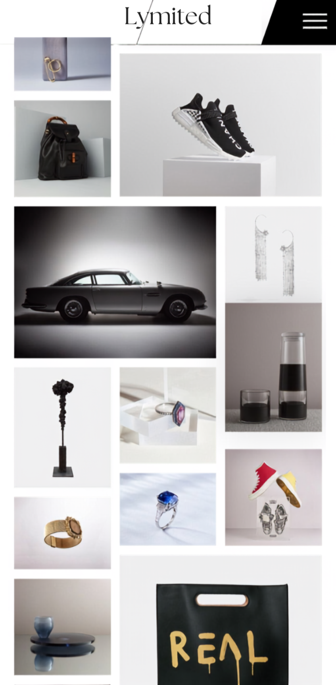 Collage of various fashion and luxury items including jewelry, sneakers, a vintage car, earrings, a model of a missile, a ring, accessories, a pair of sneakers, and shopping bags.