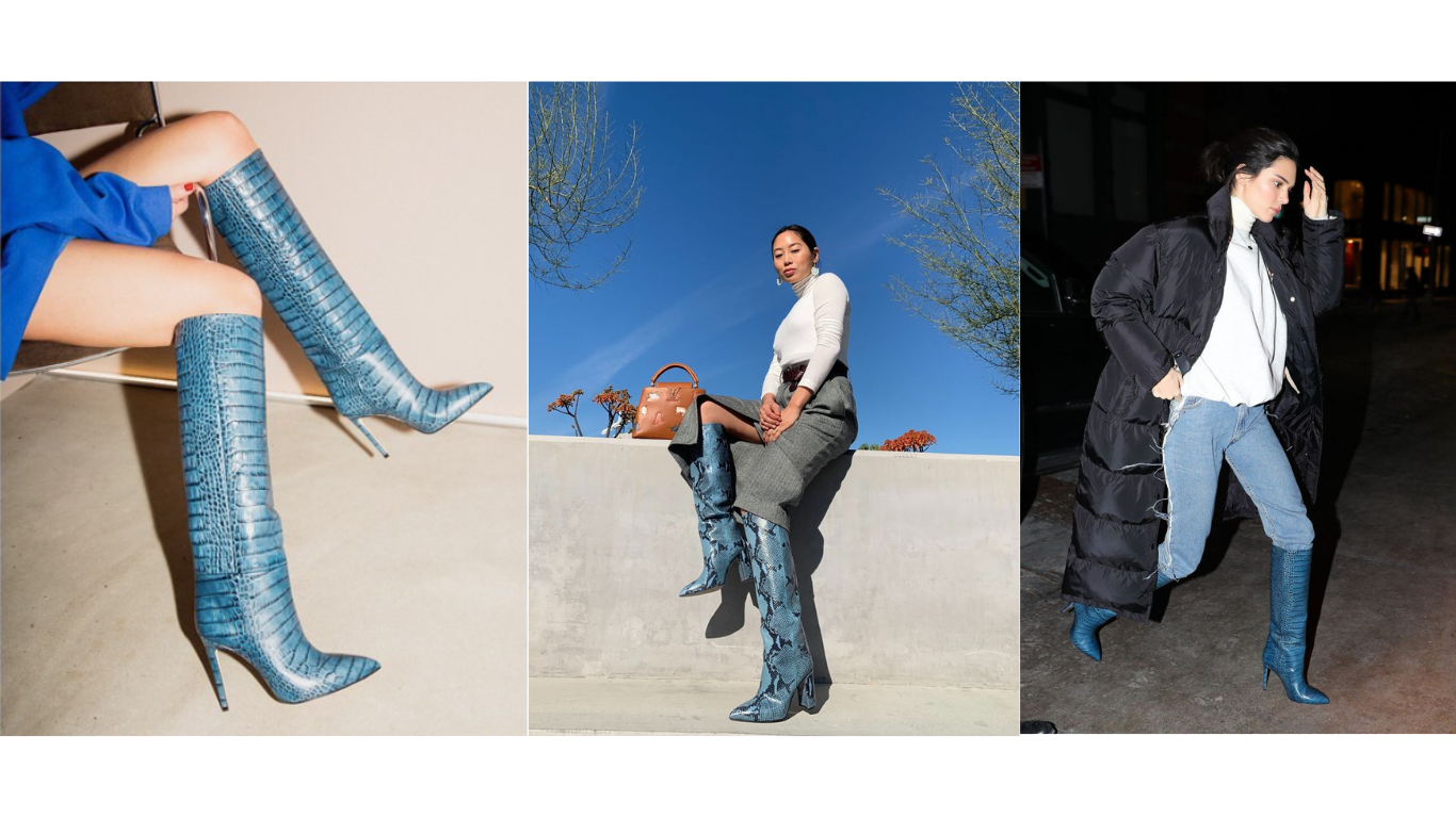 legas wearing blue croc leather high boots Aimee Song sitting with blue snakeskin high boots Kendall Jenner in the street