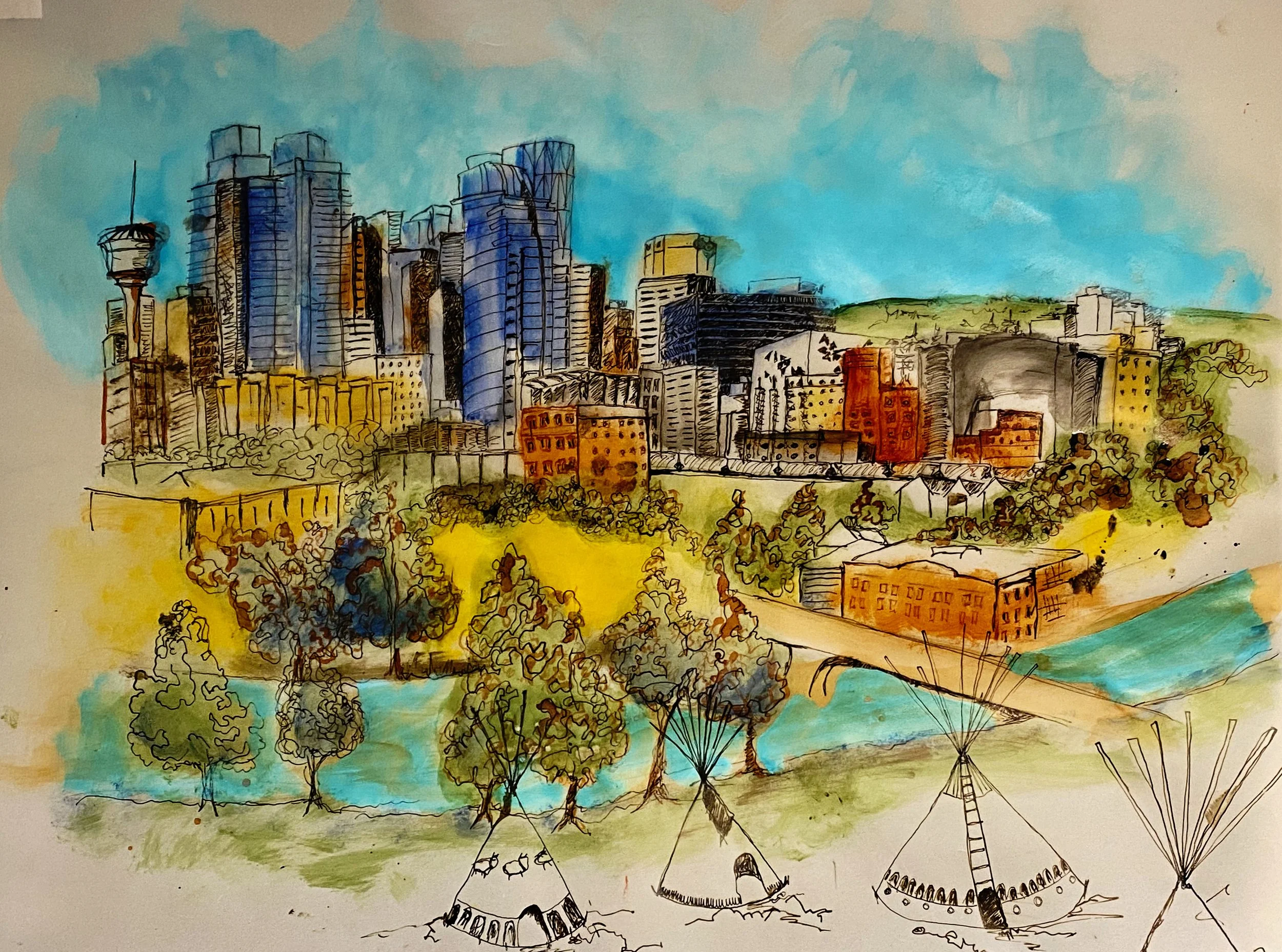 A colorful watercolor painting of a cityscape with tall skyscrapers, smaller buildings, trees, a river, and teepees in the foreground.