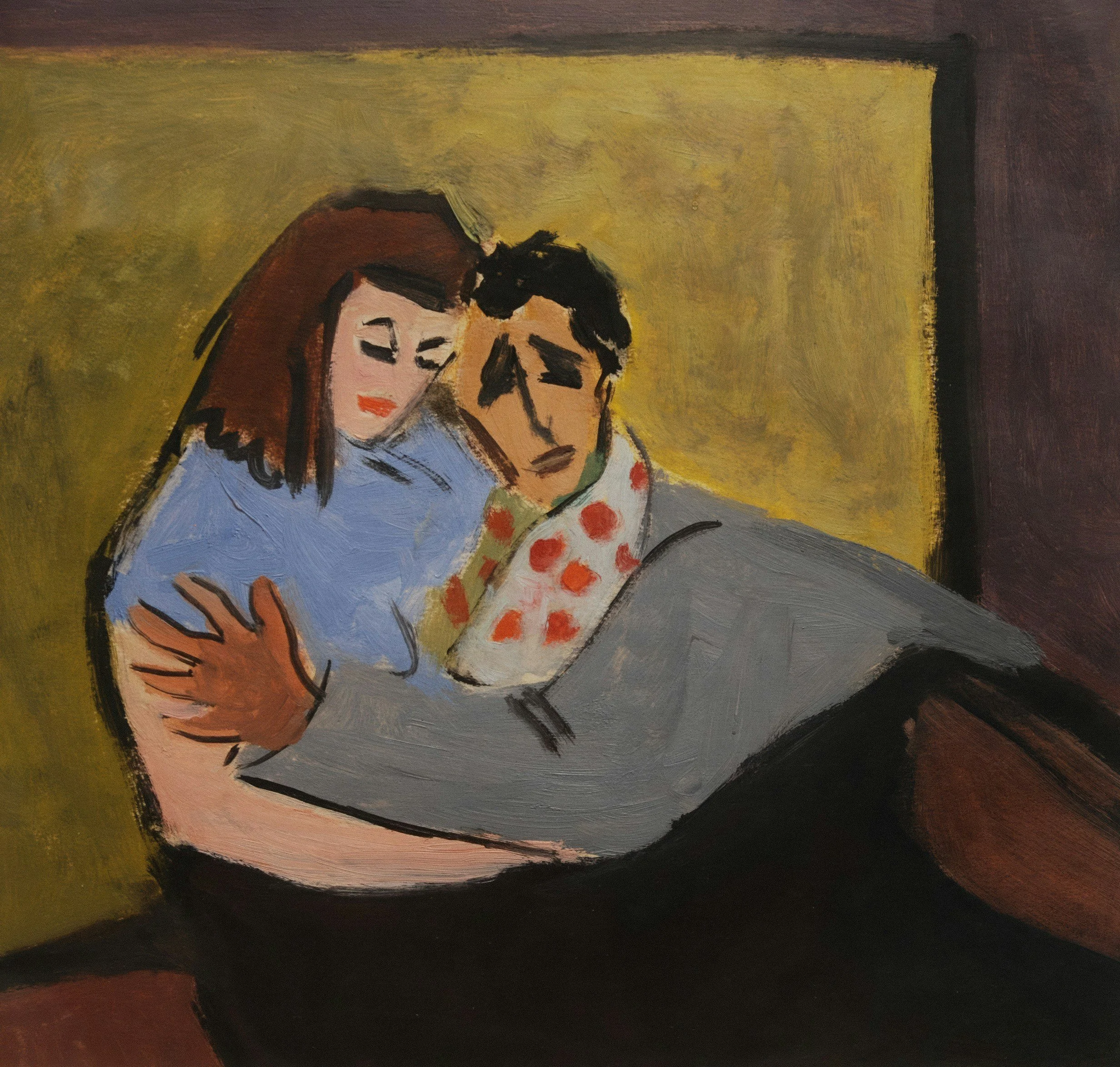 An abstract painting of a woman comforting a man in bed, both with closed eyes, showing a tender moment.