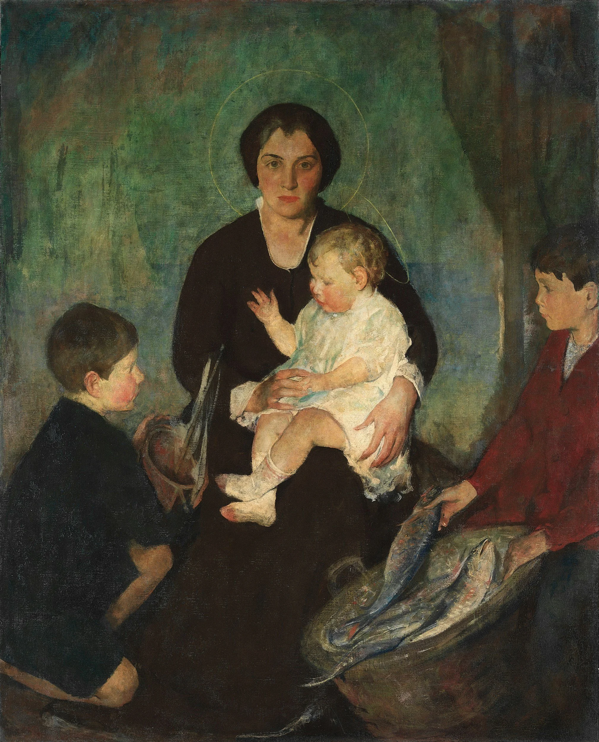 A woman holding a young child, with three other children around her, set against a green background. The woman has a halo drawn around her head, and a basket of fish is next to her.