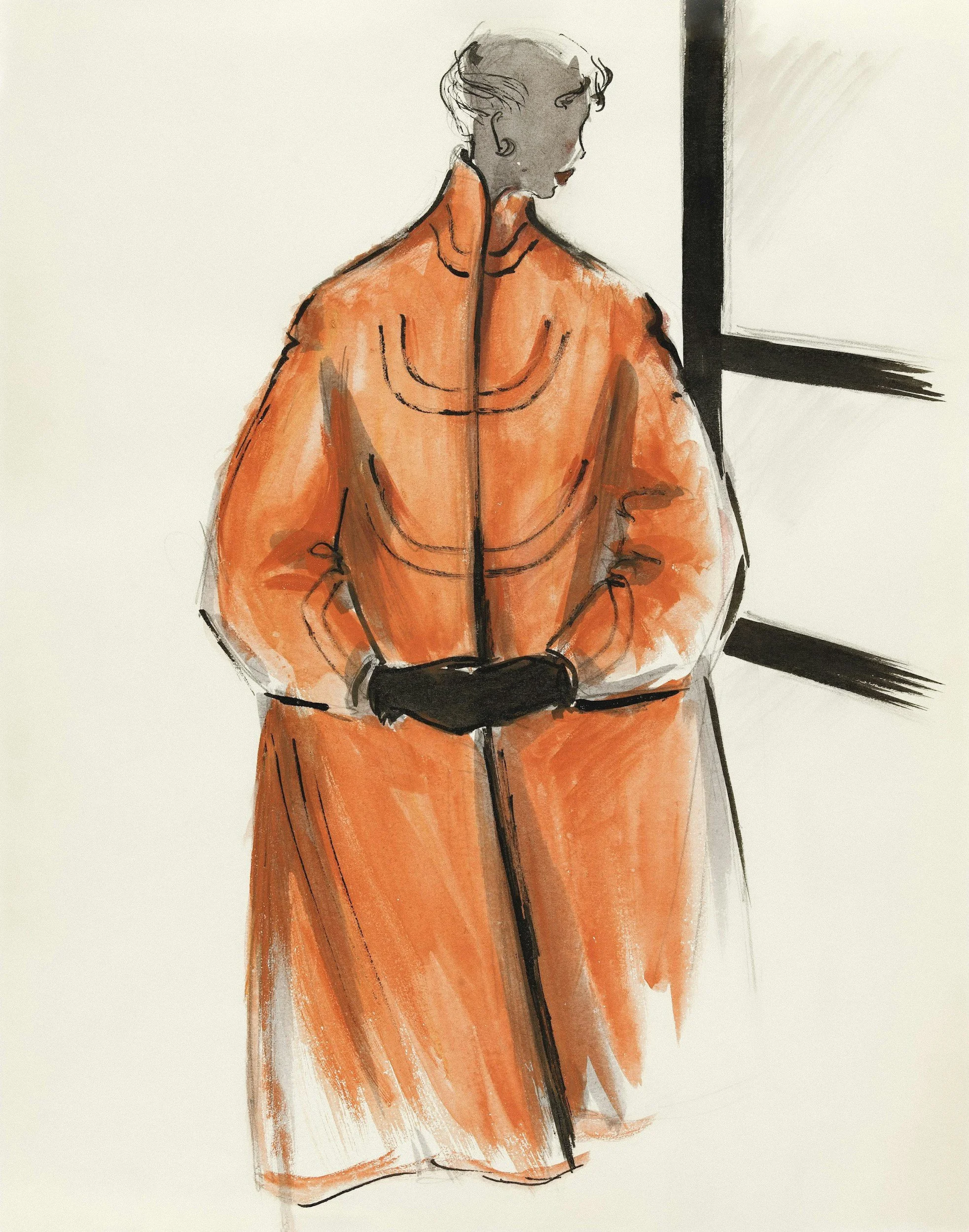 A watercolor sketch of a woman in an orange coat, standing by a window with black frames, her hands holding a cane.