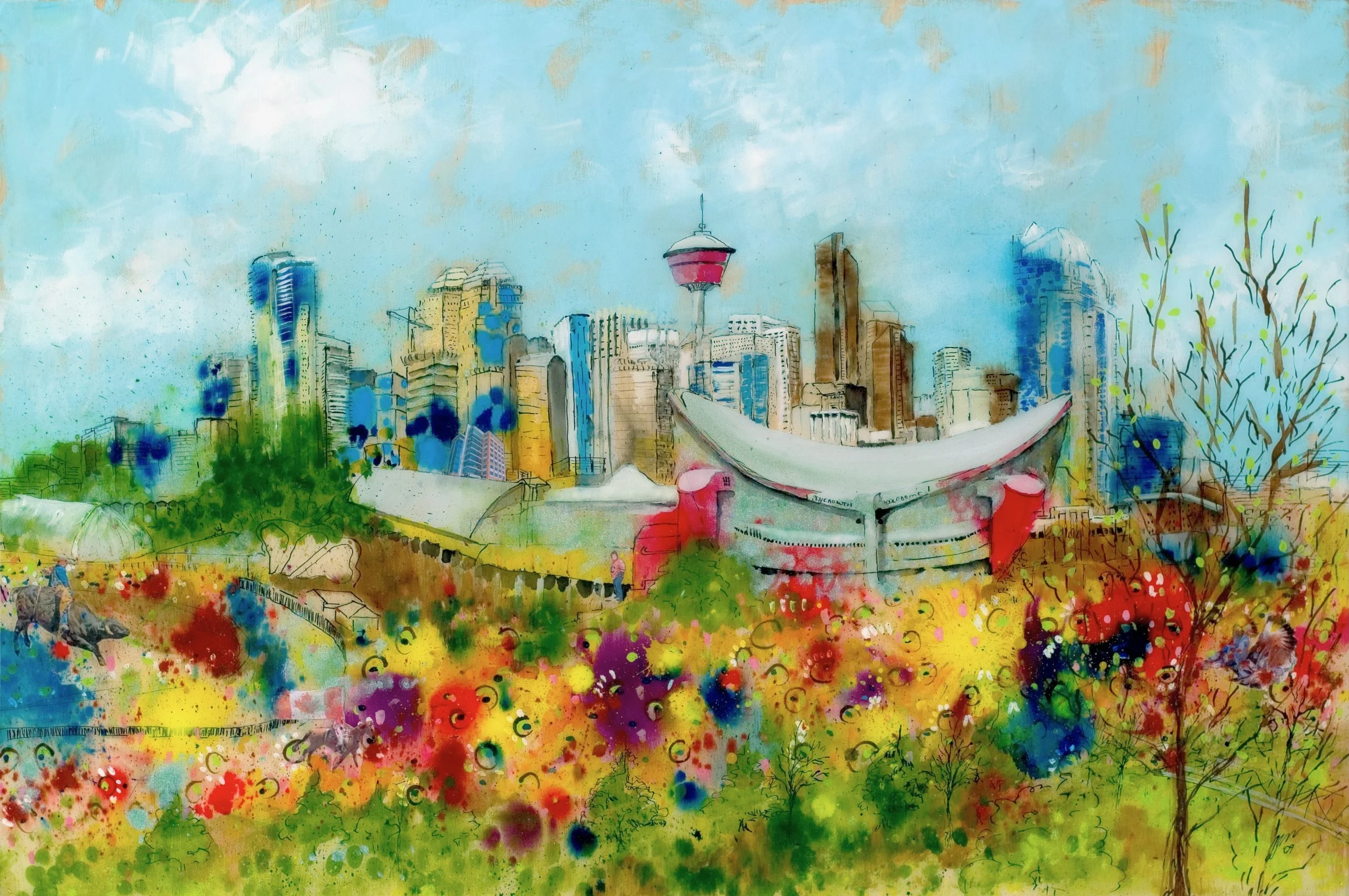 A colorful watercolor painting of a city skyline with modern tall buildings and a tower with a red top. Foreground features a park with trees, flowers, and a pathway, rendered in vibrant splashes of color.