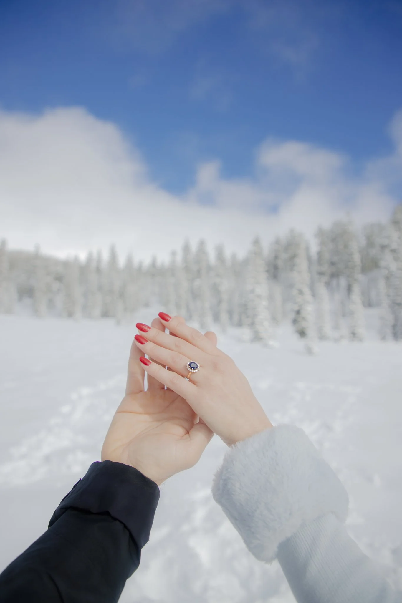 Mano con uñas rojas y anillo con piedra azul en un paisaje de nieve con árboles y cielo azul