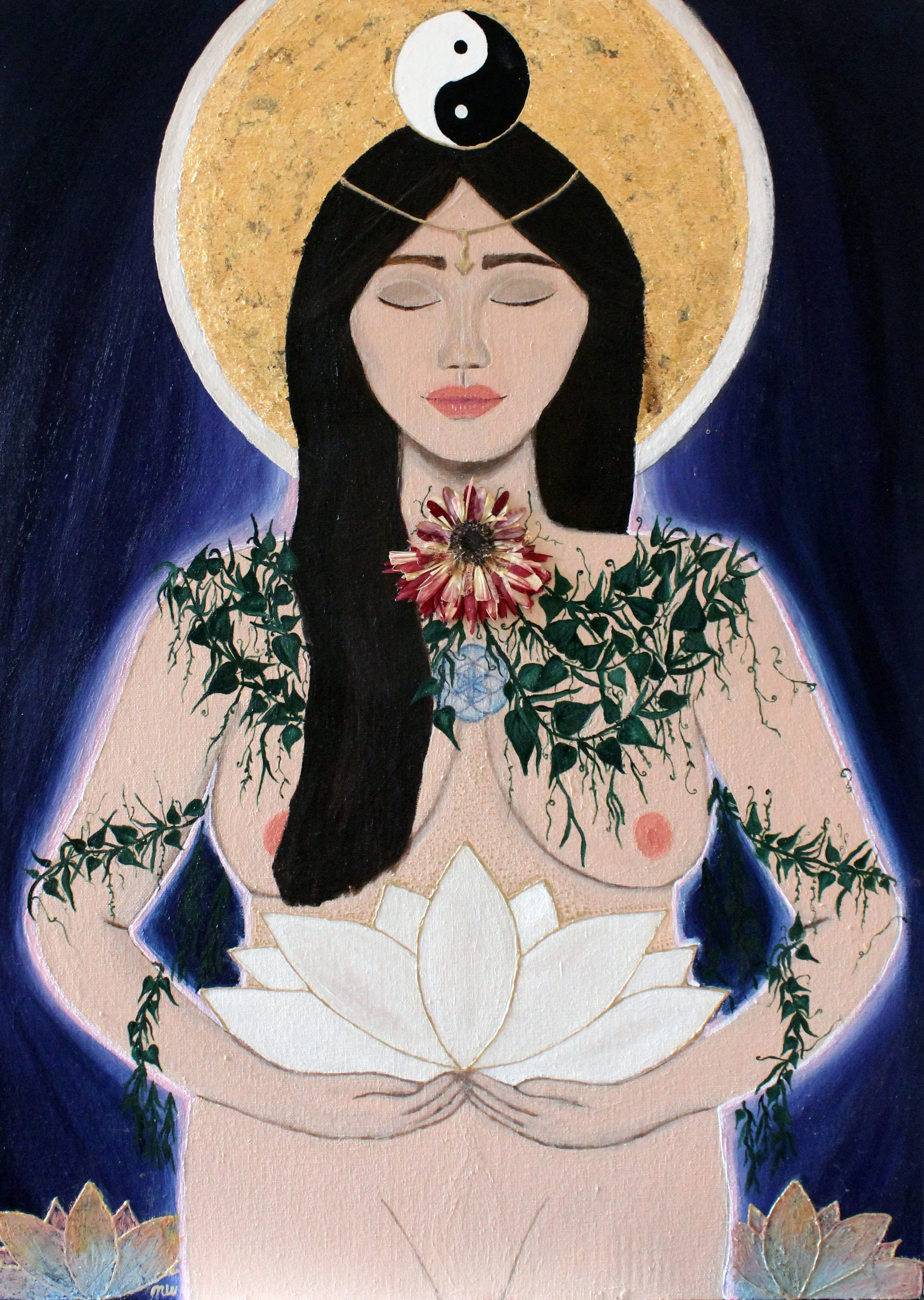 An artistic depiction of a woman with closed eyes, long dark hair, and a Yin-Yang symbol on her forehead, holding a lotus flower in front of her. She is adorned with a garland of ivy, a large flower on her chest, and a glowing golden halo behind her head.
