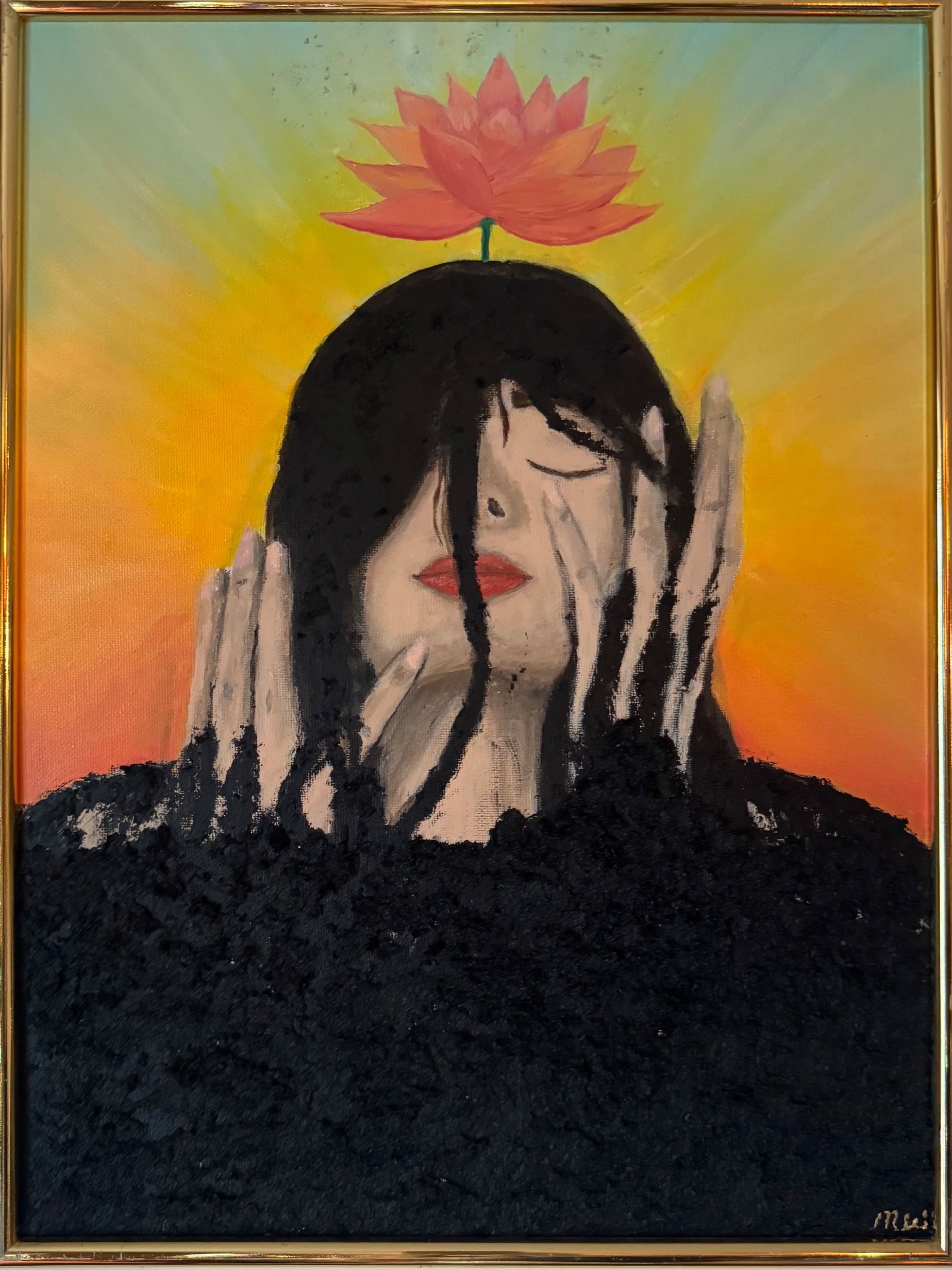 Painting of a woman with black hair and red lipstick, holding her face with her hands, against a yellow-orange background with a pink lotus flower on her head.