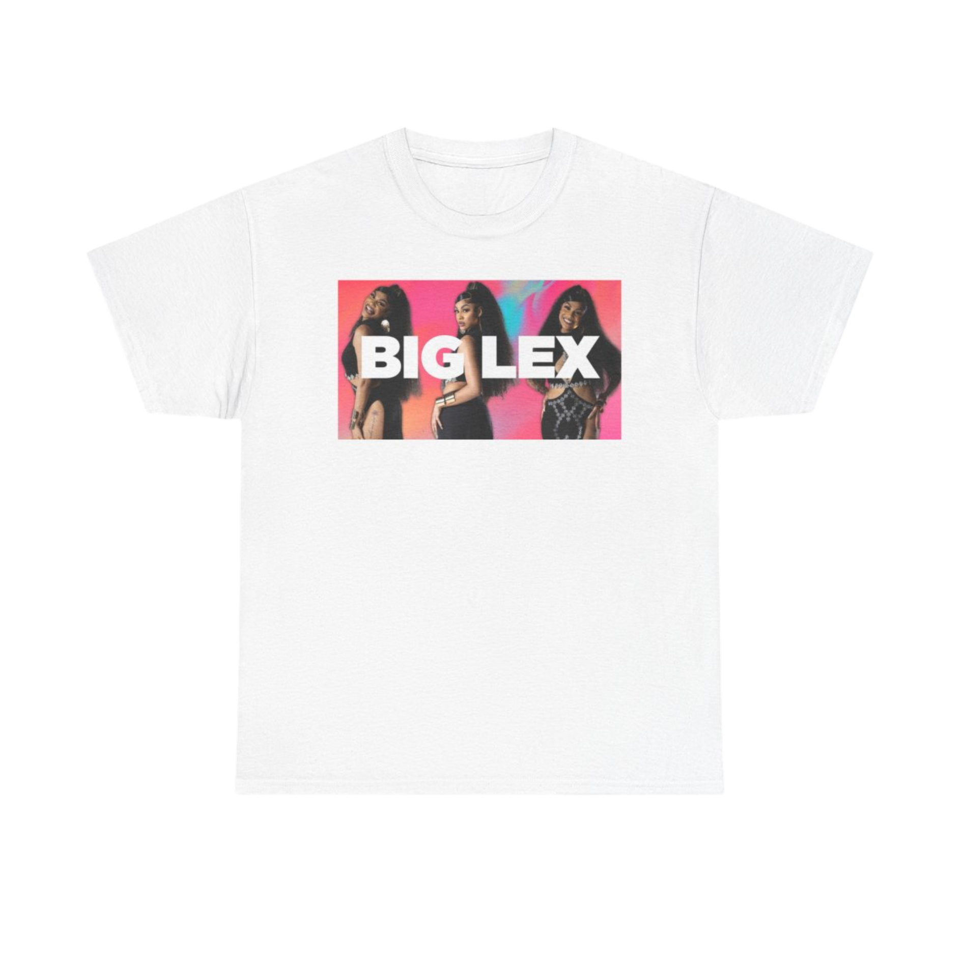 White T-shirt featuring a graphic of three women with long hair and smiling, with colorful backgrounds, and the text 'BIG LEX' in bold white letters.