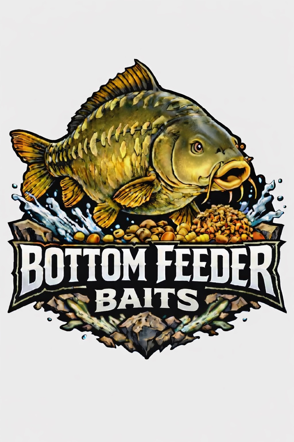 A yellow fish swimming among green aquatic plants with the text 'BOTTOM FEEDER BAITS' overlaid at the bottom.