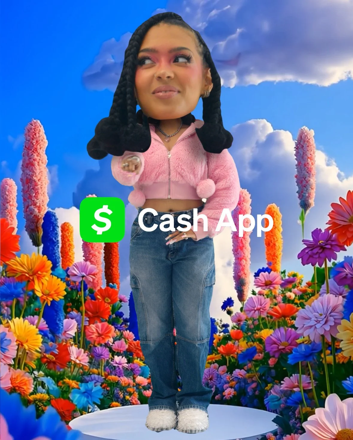 A woman with large braided hair and a pink fuzzy jacket standing on a floral platform, with colorful flowers and a cloudy sky background. The image features a Cash App logo.