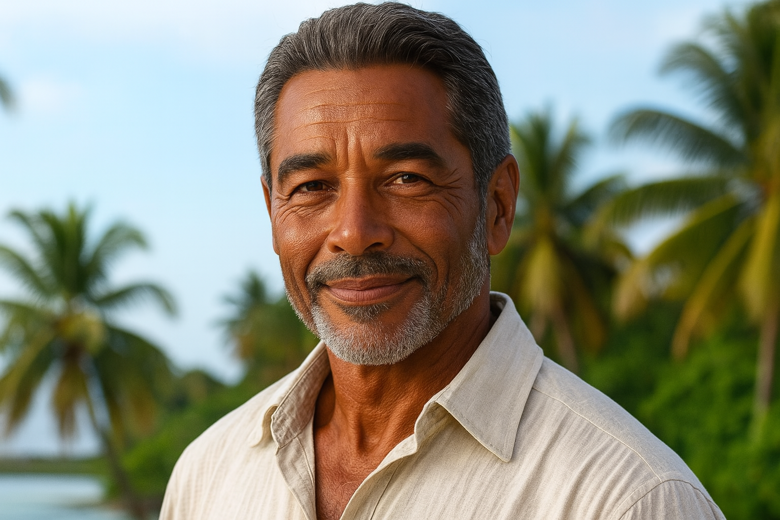 Close-up of a smiling middle-aged man with gray hair and beard, wearing a light-colored shirt, standing outdoors with palm trees in the background.