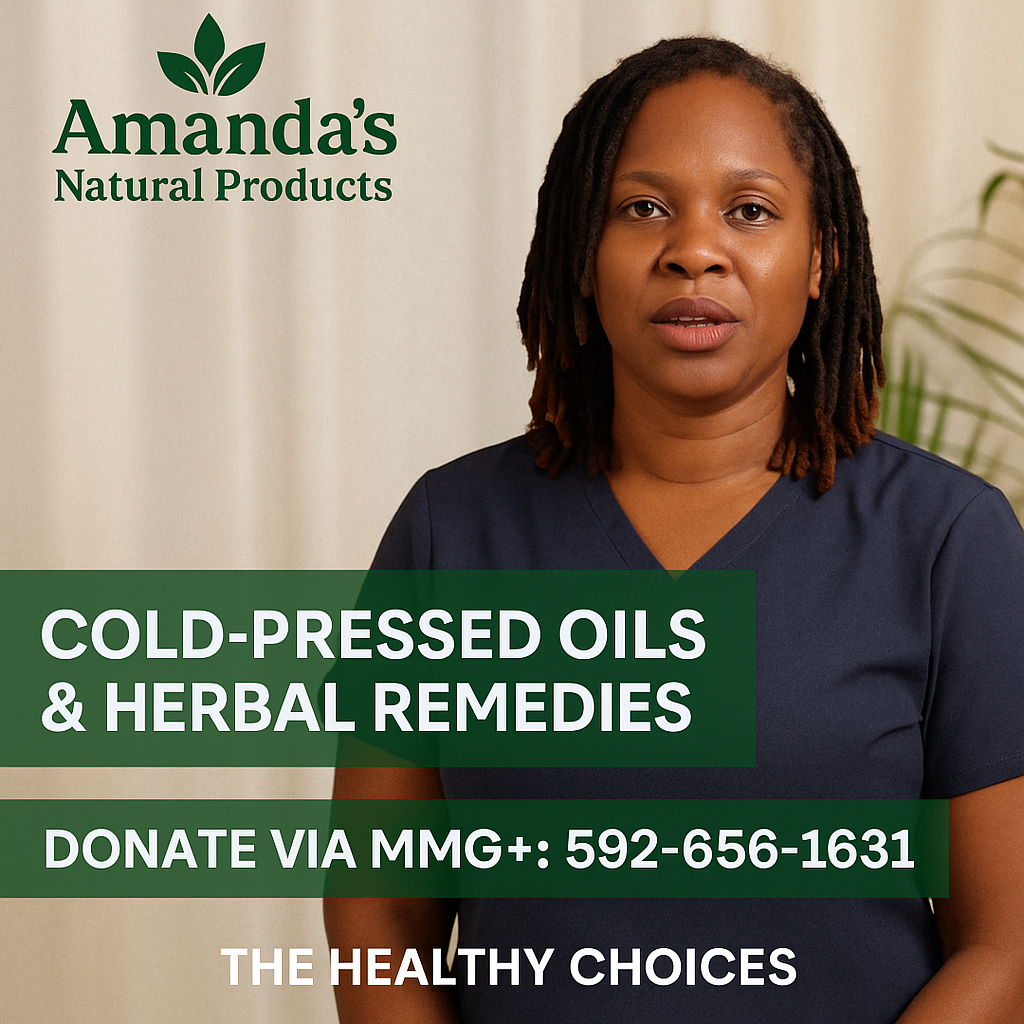 A woman with shoulder-length dreadlocks wearing a dark blue shirt standing in front of a beige background with a plant partially visible. Text on the image promotes Amanda's Natural Products for cold-pressed oils and herbal remedies, and provides a donation contact number.