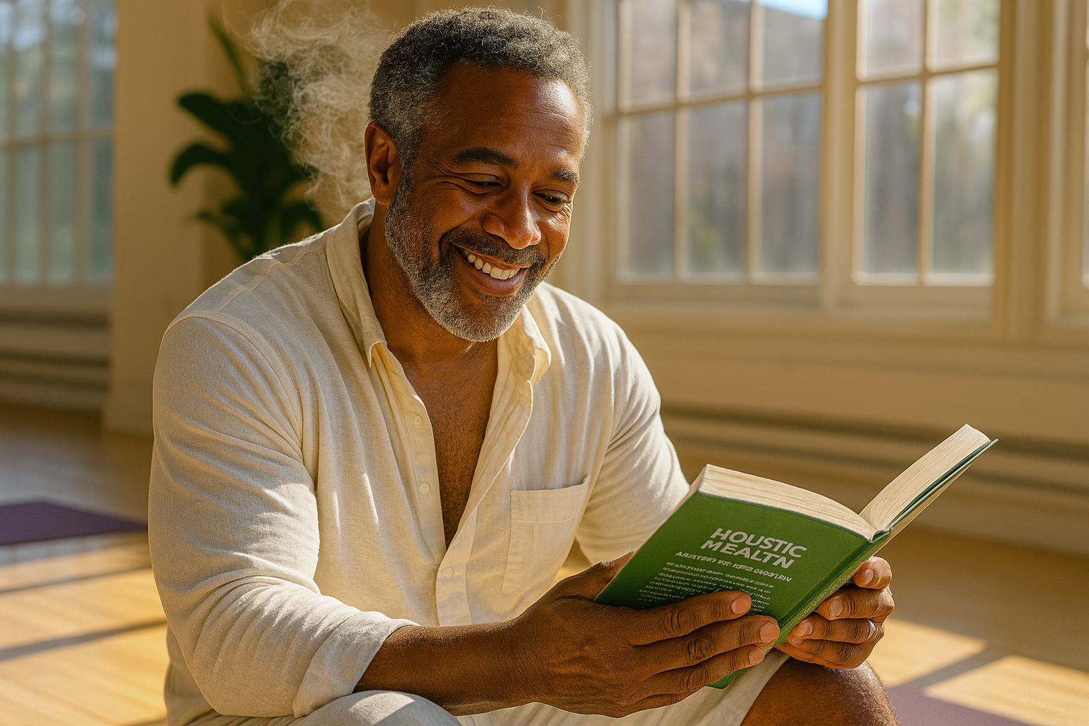 Close-up of a man with curly dark hair, glasses, and a beard, wearing a dark green sweater, sitting indoors with a potted plant in the background.