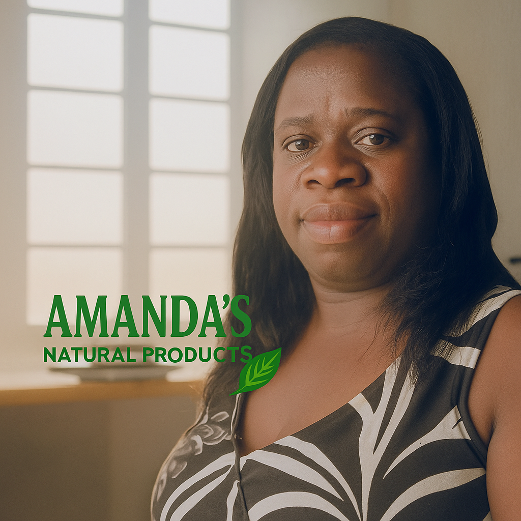 A woman with dark hair wearing a black and white patterned sleeveless top stands indoors near a window, with text overlay that reads 'Amanda's Natural Products' accompanied by a green leaf icon.
