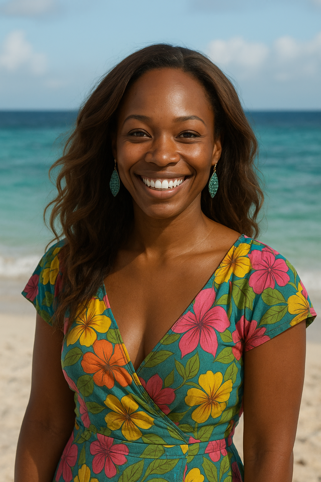 A smiling woman in a colorful floral dress and teal earrings at the beach with the ocean and sky in the background.