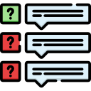 Chat conversation with two users: one in black with a question mark icon, and the other in red with a question mark icon, exchanging dialogue in speech bubbles.