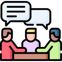 Three people having a discussion with speech bubbles overhead