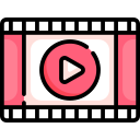 Pink and white striped background with a circular play button in the center.