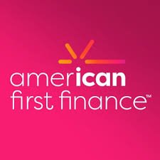 Logo for American First Finance with pink background and stylized orange and pink graphic.
