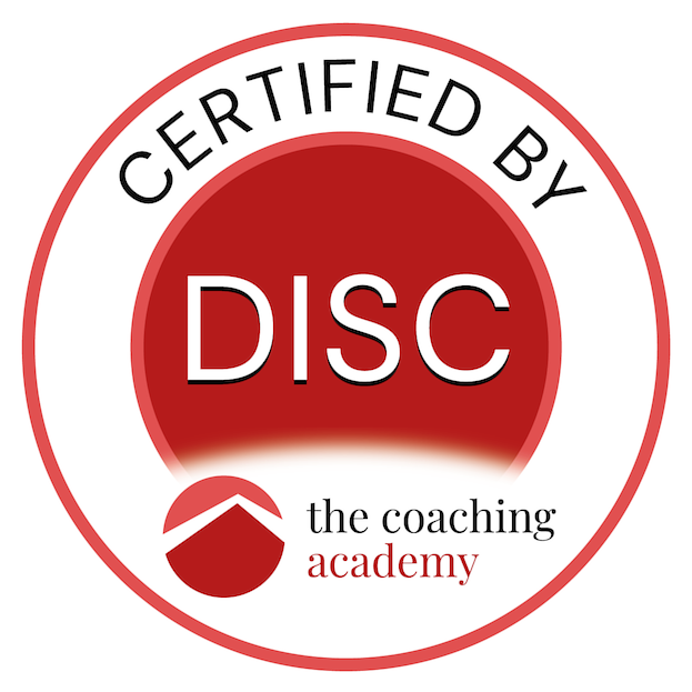 Certified by DISC logo with a red circular design, a smaller red circle, and the text 'the coaching academy' at the bottom.