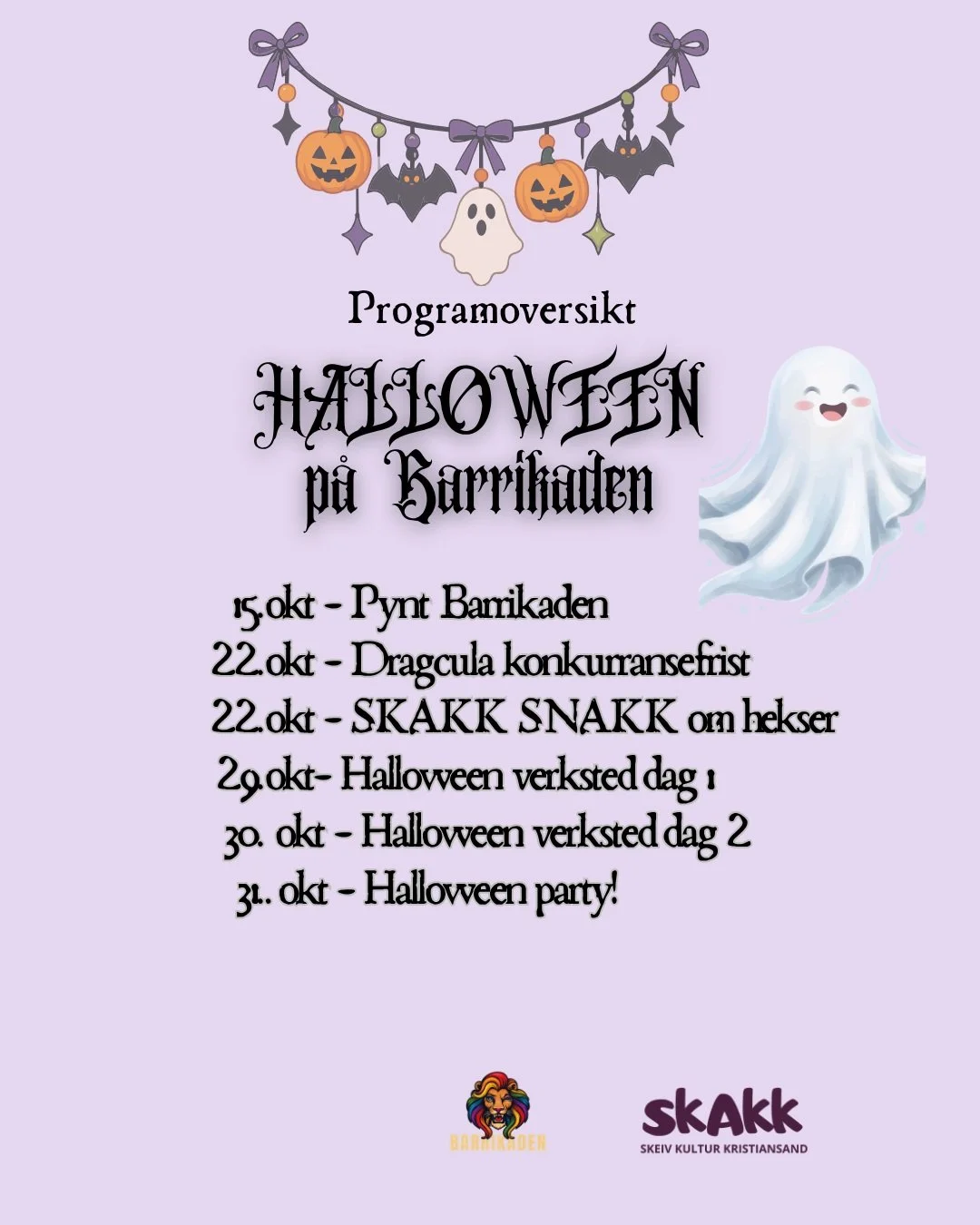 Halloween p&aring; Barrikaden! 
🎃 🦇 🕸️ 🕷️
Det blir mange aktiviteter og mye g&oslash;y p&aring; Barrikaden fremover. 

Kom, om du t&oslash;r! 
🧛&zwj;♂️ 🧟👻 

#Halloween #Kristiansand #Barrikaden #queeroween