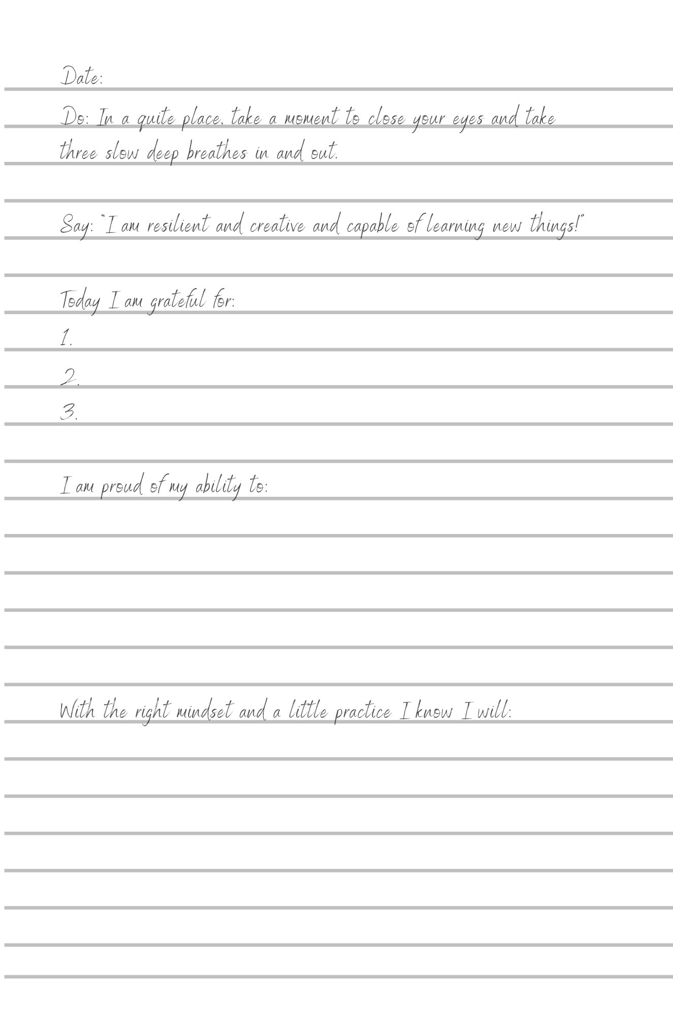 A handwritten meditation or journaling prompt on lined paper with sections for date, reflection, gratitude, strengths, and mindset, written in cursive and print.