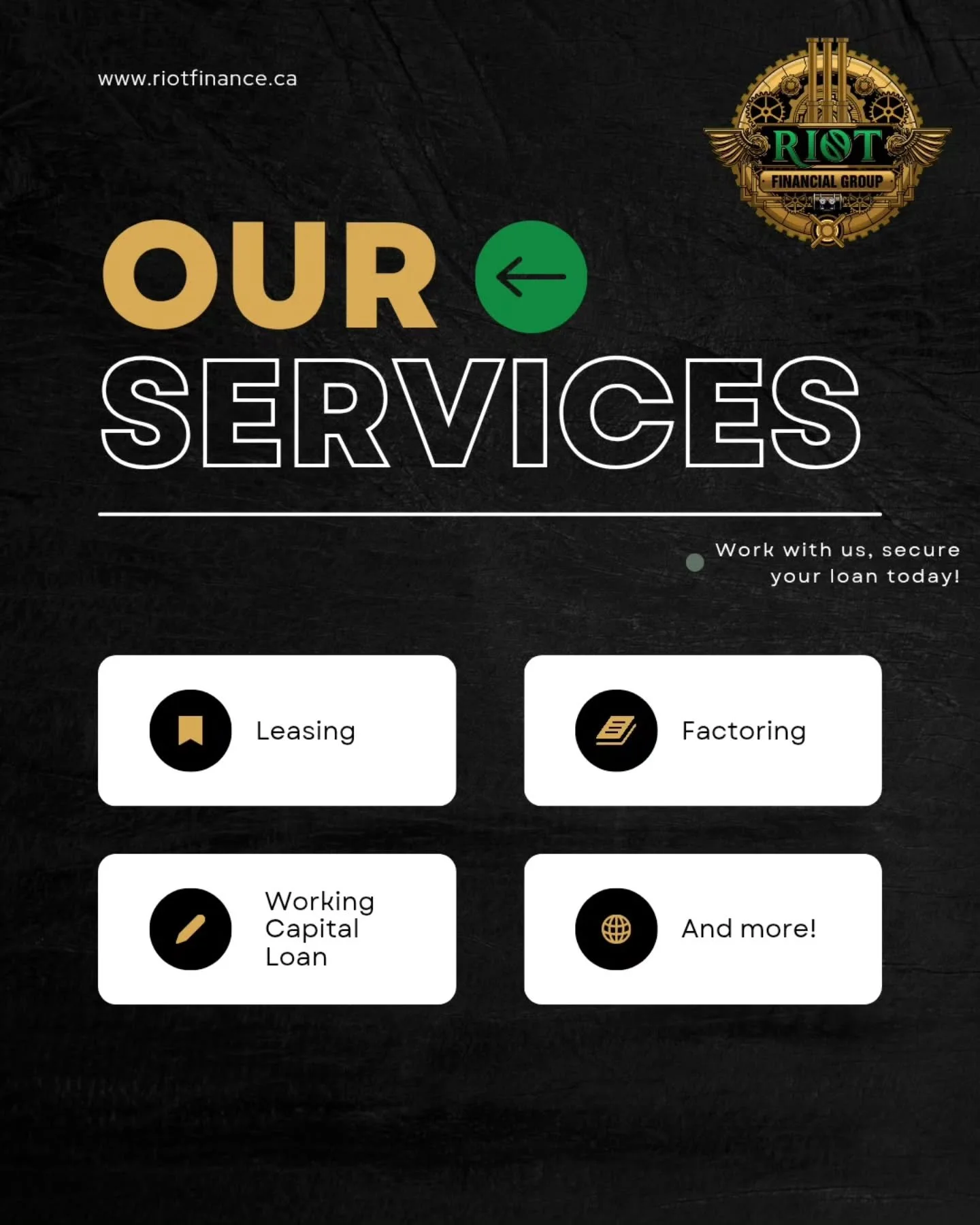 Discover our multiple service options, tailored for your experience.
Build your legacy. Grow with us.
Contact us today ⬇️
riotfinance.ca
.
.
.
.
#commercialfinancing #canadianbusiness #equipmentleasing #factoring #canadafinance