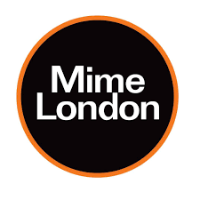 Logo with black background, white text 'Mime London,' and an orange circular border.