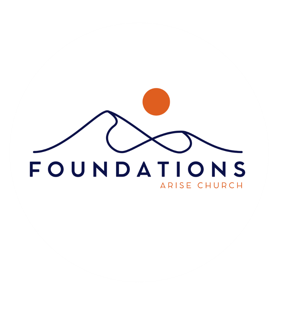 Logo for Foundations Arise Church with mountain line drawing and a small orange circle representing the sun.