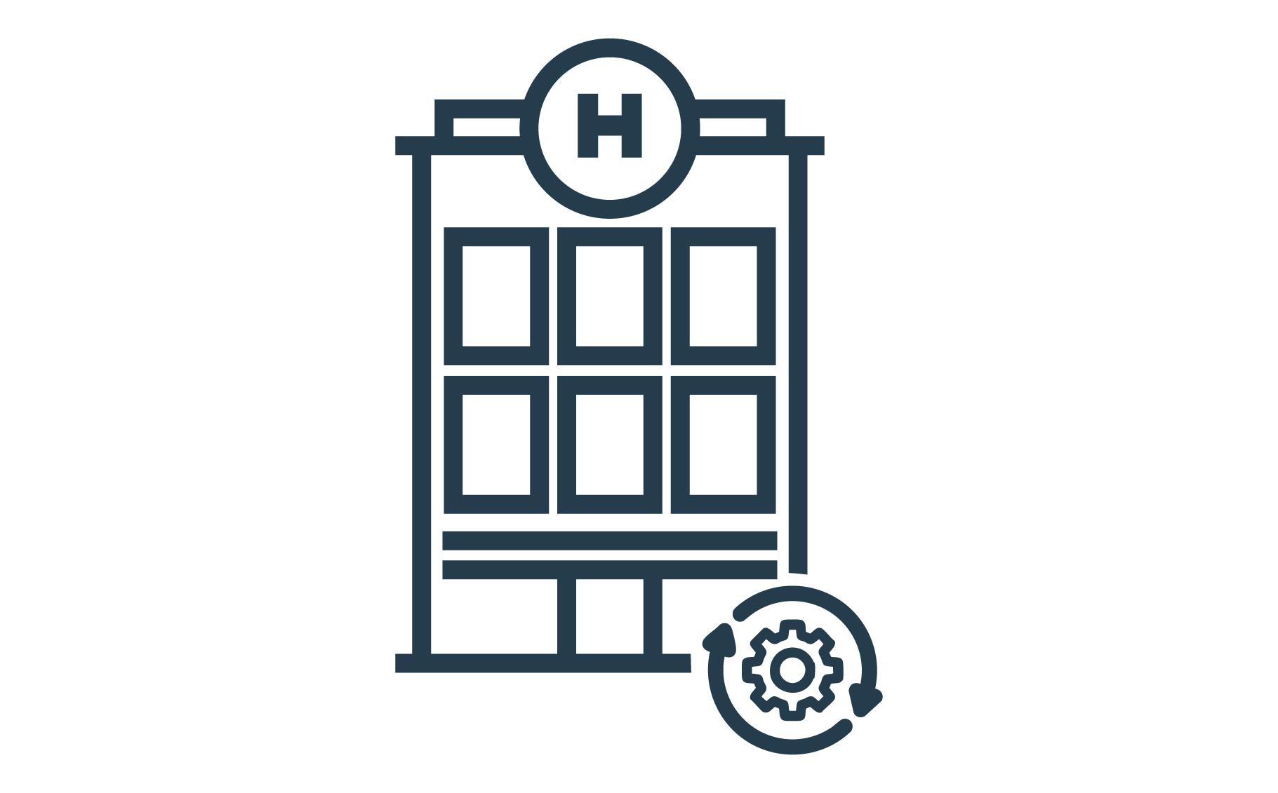 Outline of a hospital building with a circular gear and arrow symbol at the bottom right, representing hospital maintenance or system update.