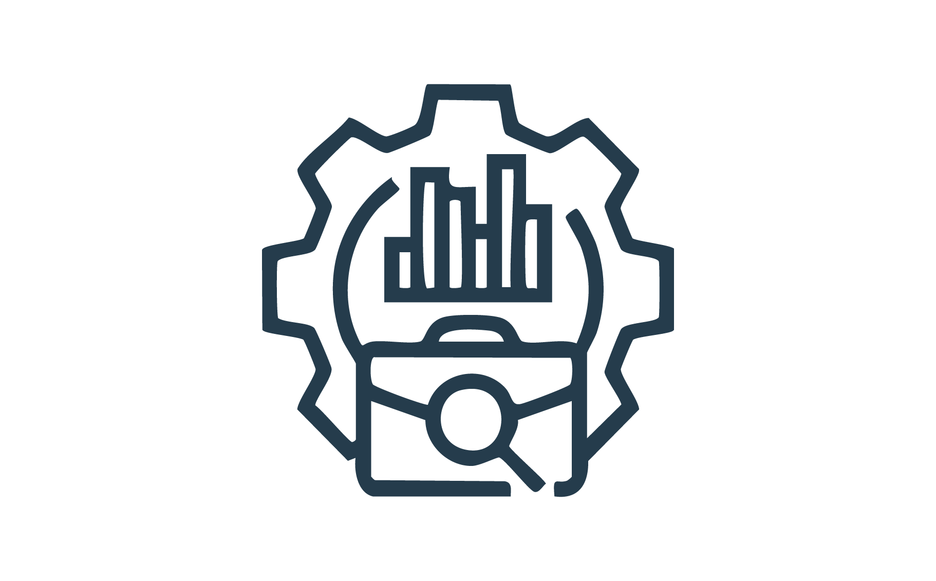 An icon of a gear with a bar chart and a magnifying glass inside, representing analytics or data analysis in technology.