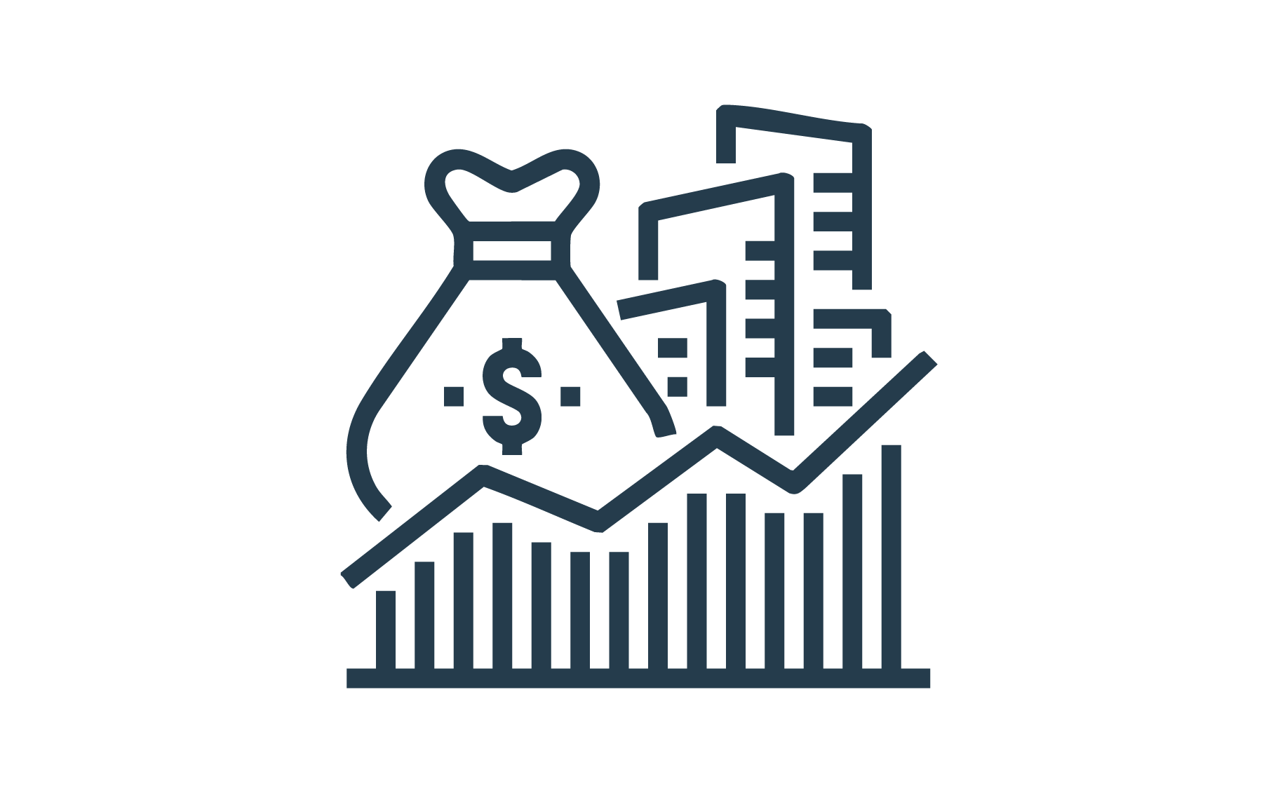 Line graph with upward trajectory, dollar money bag, and buildings representing financial growth and investment.
