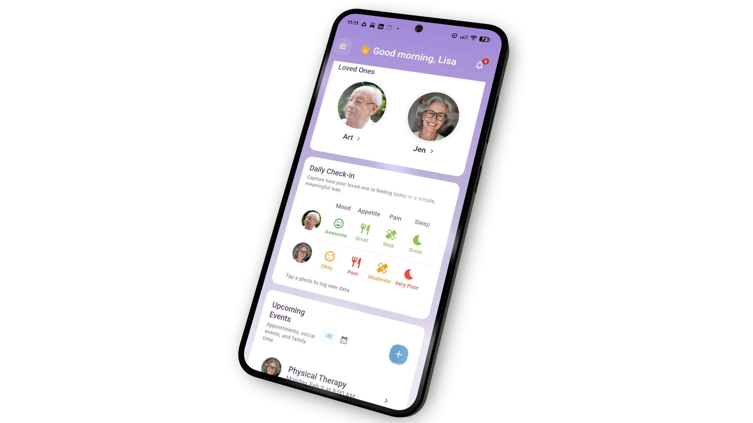 Mobile phone showing TwixTalk dashboard depicting Loved Ones, Observations, and Upcoming Events