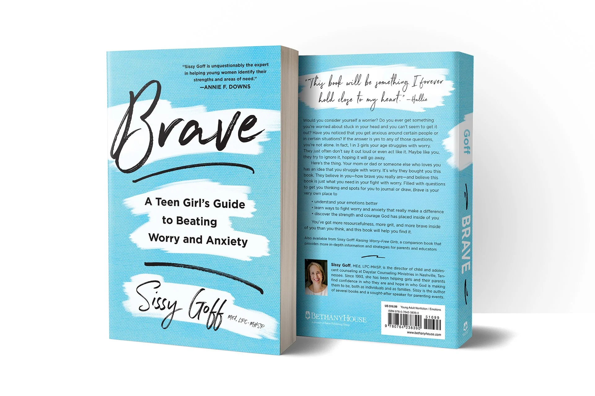 Front and back cover of the book titled "Brave: A Teen Girl's Guide to Beating Worry and Anxiety" by Sissy Goff. The cover is blue with black and white text, featuring a handwritten title and a small photo of the author on the back cover.