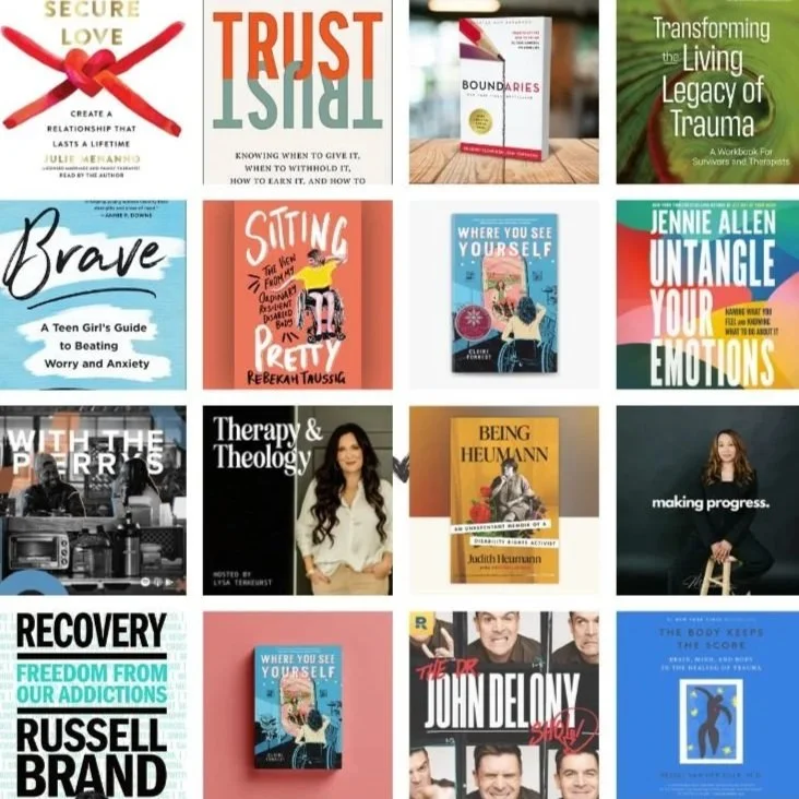 A collection of book covers on various topics including love, trust, trauma recovery, therapy, and personal growth, arranged in a grid pattern.