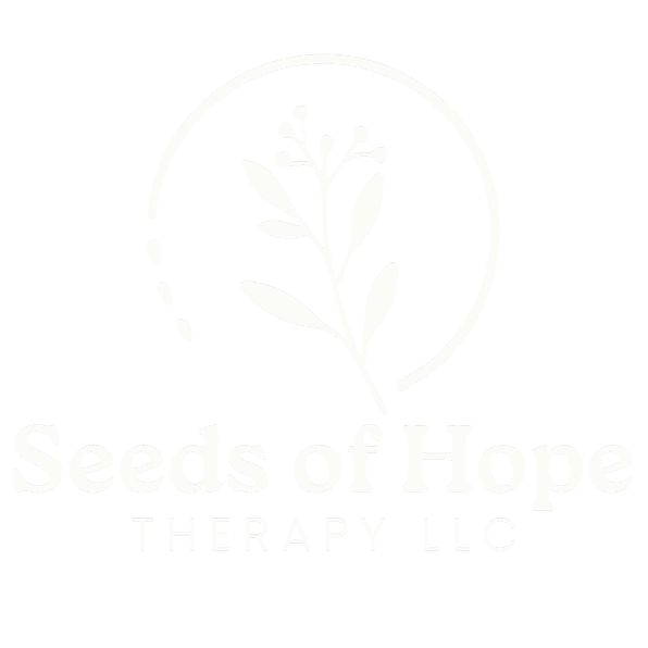 Logo for Seeds of Hope Therapy LLC featuring a white leaf and seedling within a circle on a black background.