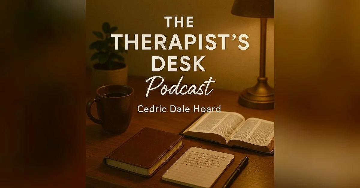 A cozy workspace with a desk lamp, an open Bible, a closed journal, a notepad, a pen, a coffee mug, and a potted plant, with the text 'The Therapist's Desk Podcast Cedric Dale Hoard' overlaid.
