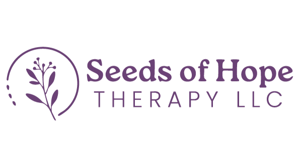 Logo for Seeds of Hope Therapy LLC with a purple plant icon and text.