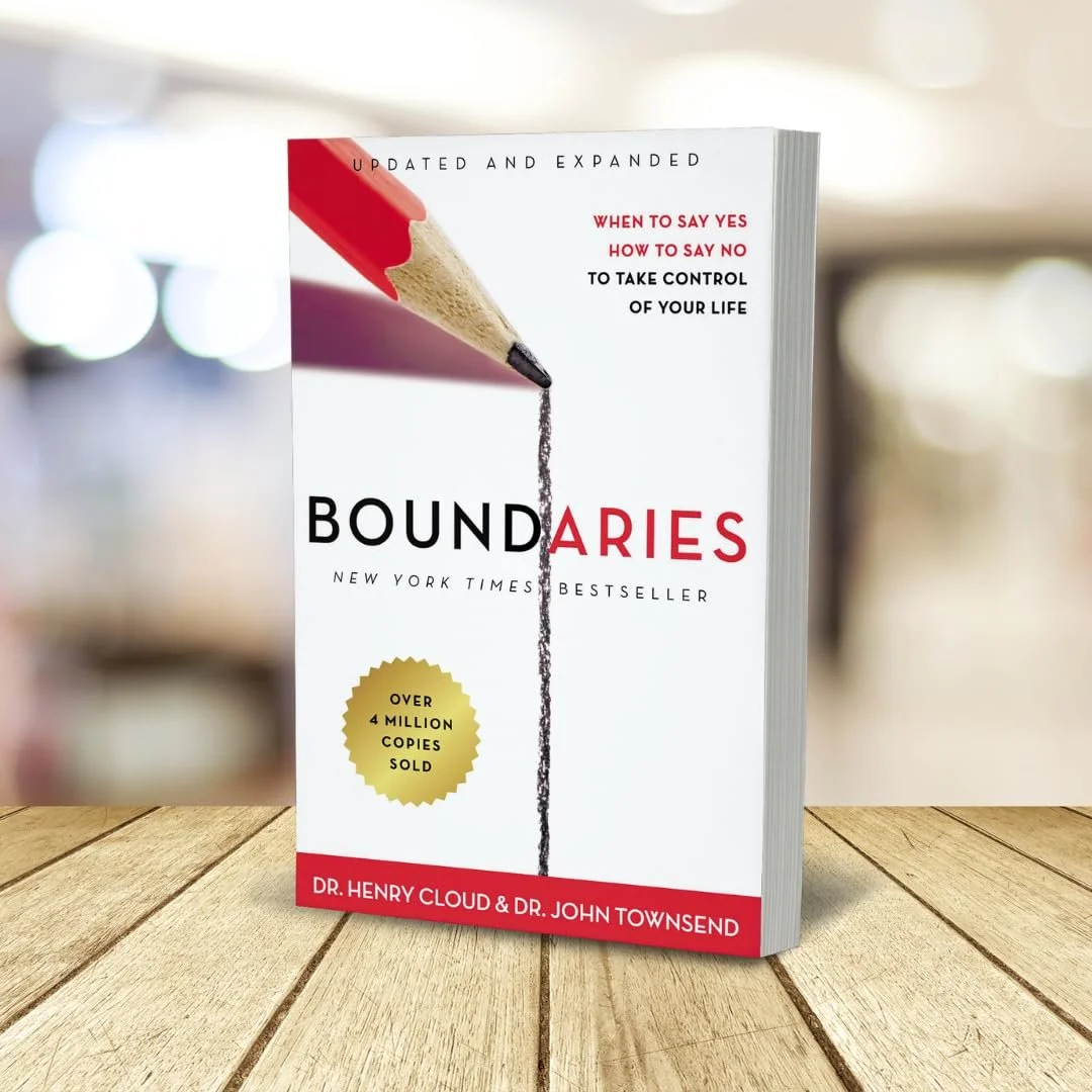 Cover of a book titled 'Boundaries' by Dr. Henry Cloud and Dr. John Townsend, with a pencil drawing a line that turns into a dotted boundary.