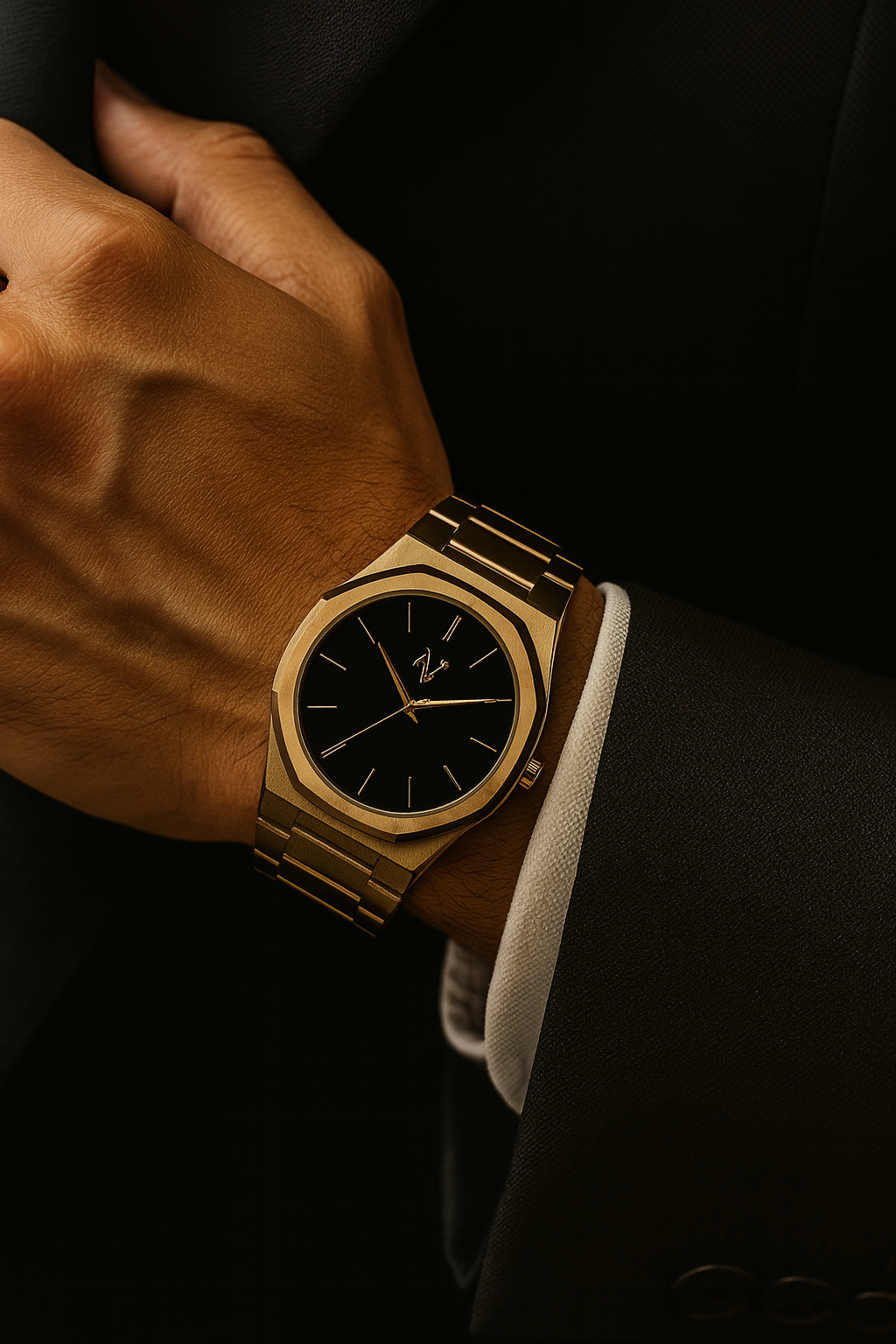 Gold AV Watch luxury timepiece worn with a black suit, showcasing modern elegance.
