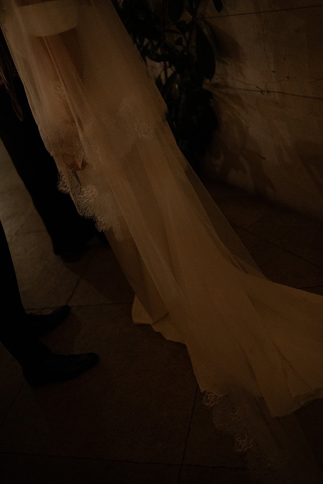 A close-up of a wedding dress with lace and tulle fabric, hanging or being held. The background includes some plants and wooden flooring.