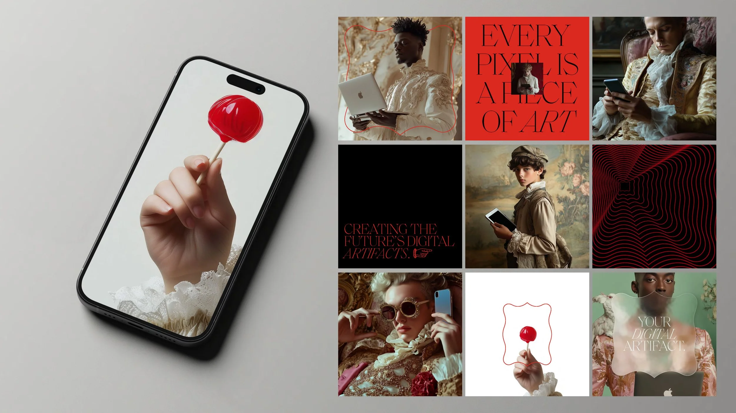 Collage of people holding electronic devices and digital art graphics, featuring individuals with vintage clothing, modern accessories, and abstract artwork.