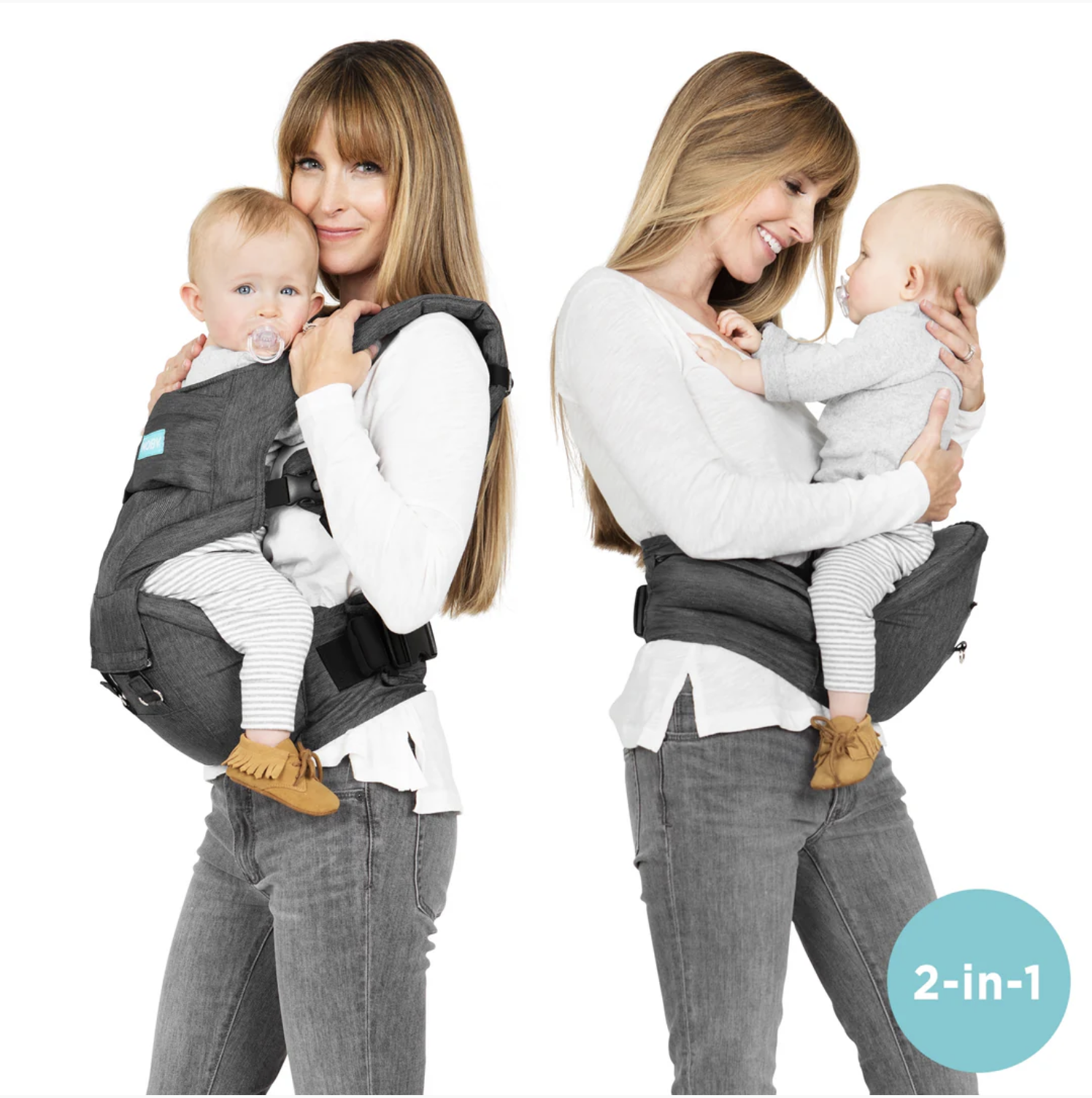 Two women, each holding a baby in a baby carrier, standing against a white background. The women are smiling and dressed in casual clothes, with a blue circle at the bottom right corner displaying '2-in-1'.